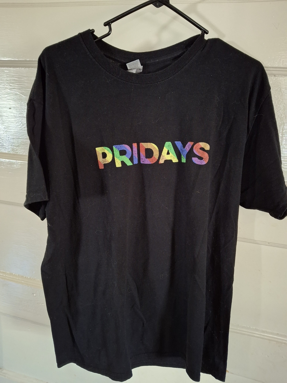 Gildan “PRIDAYS” Rainbow Graphic Black T-Shirt Size Large (MIS 547)